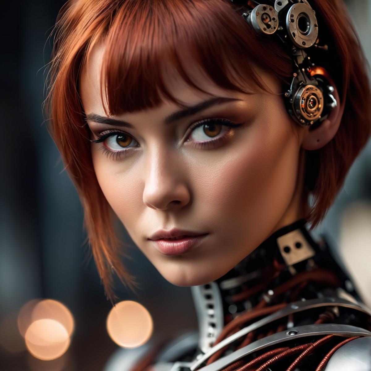 cinematic film still, young woman, cyborg, robot, ((face portrait:1.4)), 18 years old, metal parts, red short hair, rust, ...
